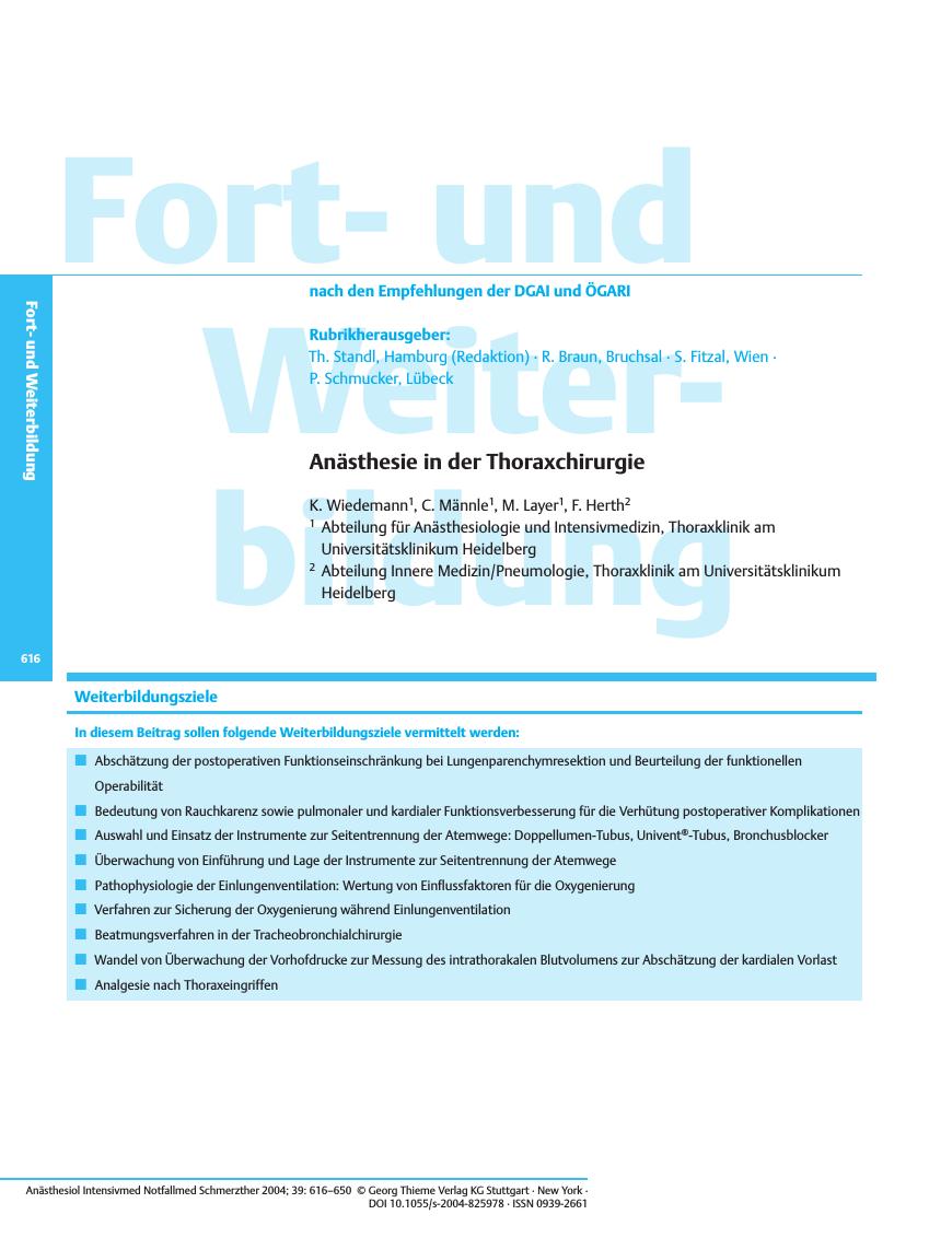 Vorschauseite 1: Anästhesie in der Thoraxchirurgie
