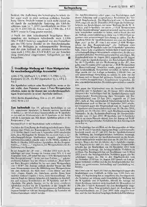 Vorschauseite 1: Unzulässige Werbung mit 1-Euro-Wertgutschein für verschreibungspflichtige Arzneimittel