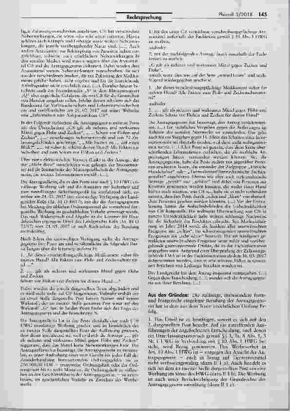 Vorschauseite 2: Zulässigkeit einer heilmittelwerberechtlich zu beanstandenden Verbraucherinformation in sozialen Medien zur Abwehr einer negativen Kampagne gegen ein Tierarzneimittel
