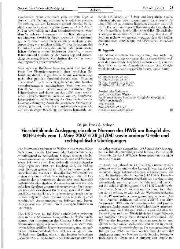 Vorschauseite 1: Einschränkende Auslegung einzelner Normen des HWG am Beispiel des BGH-Urteils vom 1. März 2007 (I ZR.51/04) sowie anderer Urteile undrechtspolitische Überlegungen