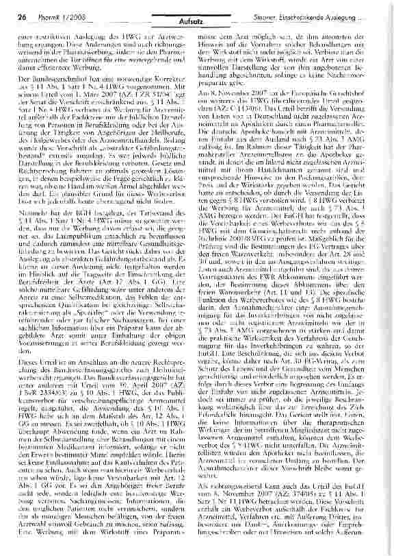Vorschauseite 2: Einschränkende Auslegung einzelner Normen des HWG am Beispiel des BGH-Urteils vom 1. März 2007 (I ZR.51/04) sowie anderer Urteile undrechtspolitische Überlegungen