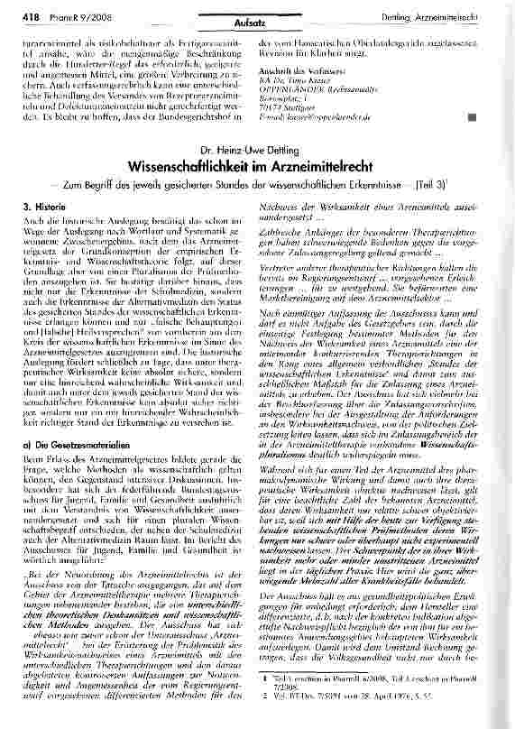 Vorschauseite 1: Wissenschaftlichkeit im ArzneimittelrechtZum Begriff des jeweils gesicherten Standes der wissenschaftlichen Erkenntnisse — (Teil 3)