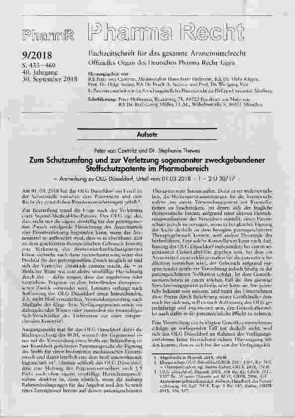 Vorschauseite 1: Zum Schutzumfang und zur Verletzung sogenannter zweckgebundenerStoffschutzpatente im Pharmabereich