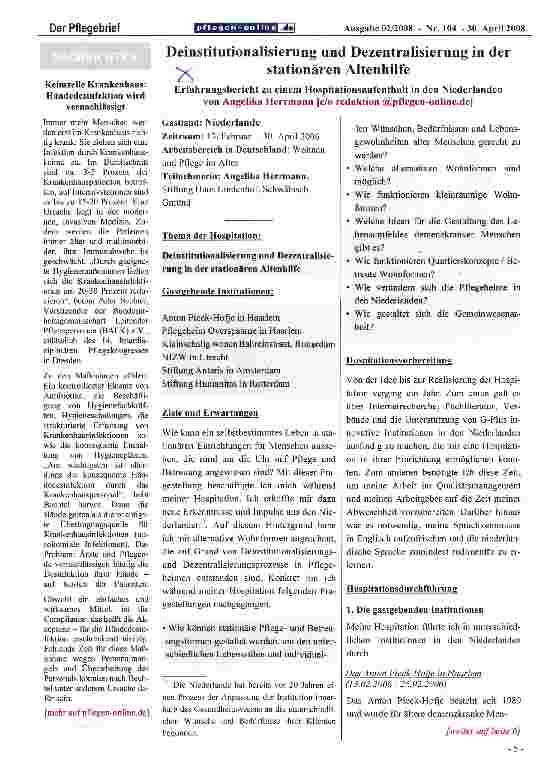Vorschauseite 1: Deinstitutionalisierung und Dezentralisierung in der stationären Altenhilfe
