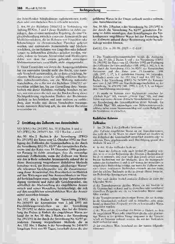 Vorschauseite 1: Ermittlung des Zollwerts von Arzneimitteln VO (EWG) Nr. 2913/92 Art. 30 II Buchst, b und c; VO (EWG) Nr. 2454/93 Art. 152 I Buchst, a und b