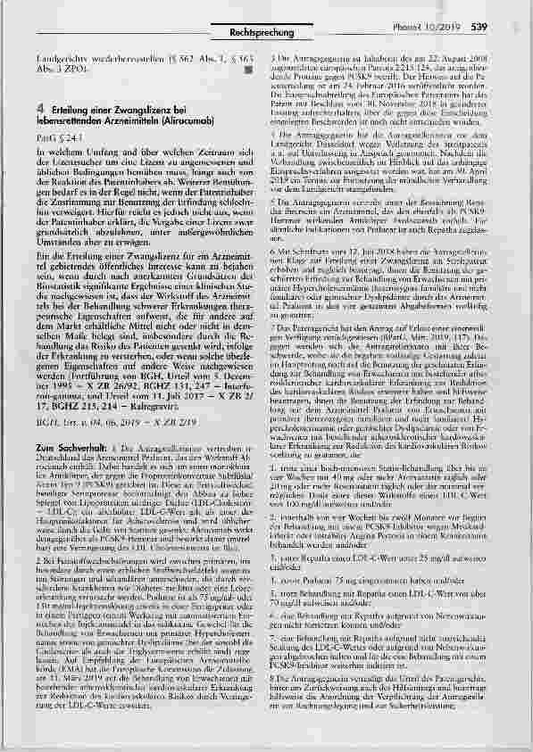 Vorschauseite 1: Erteilung einer Zwangslizenz bei lebensrettenden Arzneimitteln (Alirocumab)