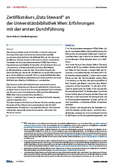 Vorschauseite 1: Zertifikatskurs „Data Steward“ an der Universitätsbibliothek Wien: Erfahrungen mit der ersten Durchführung