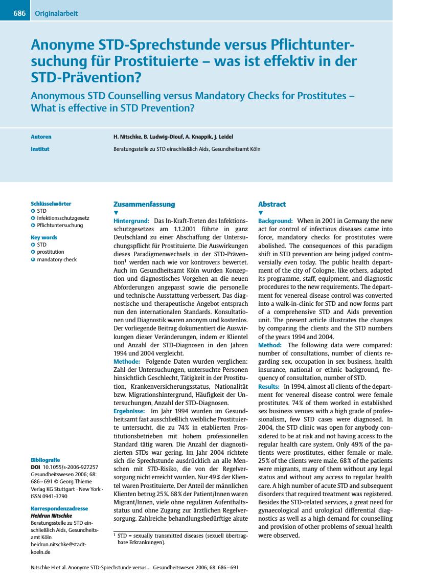 Vorschauseite 1: Anonyme STD-Sprechstunde versus Pflichtuntersuchung für Prostituierte - was ist effektiv in der STD-Prävention?