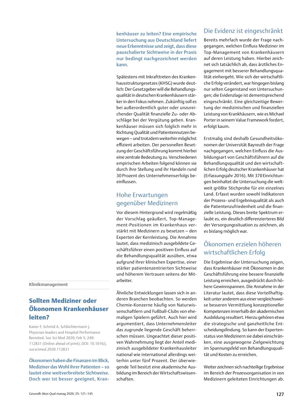 Vorschauseite 1: Klinikmanagement - Sollten Mediziner oder Ökonomen Krankenhäuser leiten?