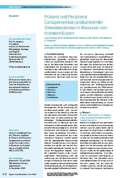 Vorschauseite 1: Präsenz und Persistenz Carbapenemase-produzierender Enterobacterales in Abwasser von Krankenhäusern