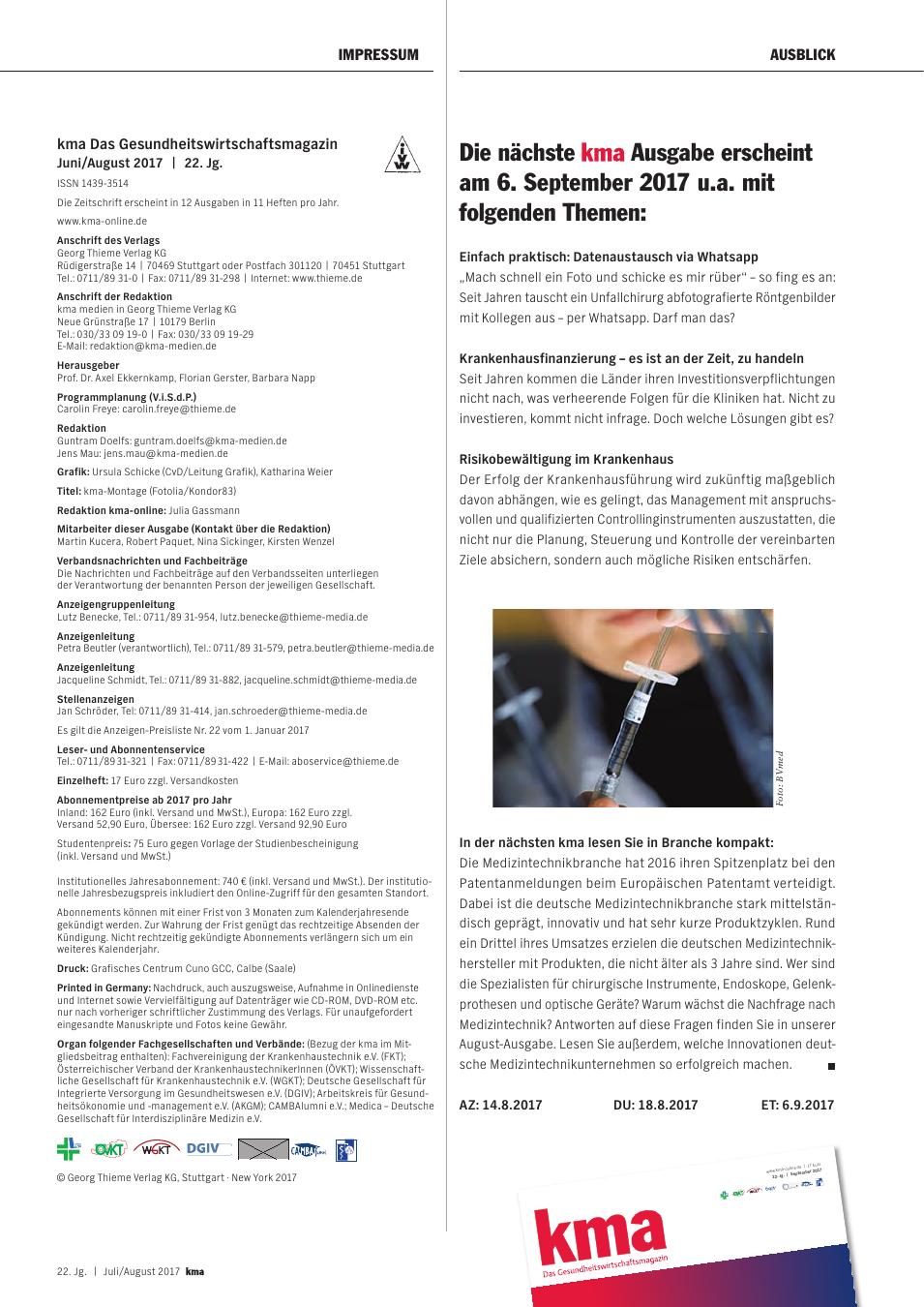 Vorschauseite 1: Die nächste kma Ausgabe erscheint am 6. September 2017 u.a. mit folgenden Themen