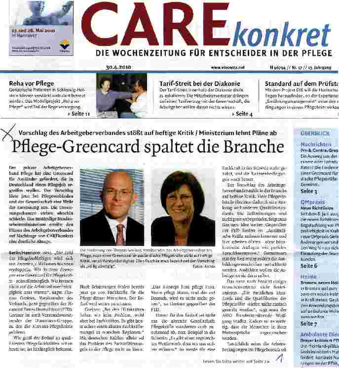 Vorschauseite 1: Pflege-Greencard spaltet die Branche