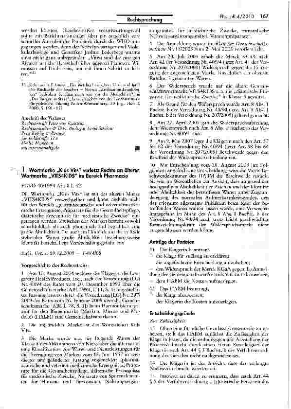 Vorschauseite 1: Wortmarke „Kids Vils verletzt Rechte an älterer Wortmarke „VTTS4KIDS im Bereich Pharmazie