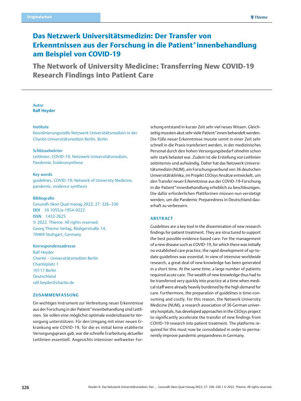 Vorschauseite 1: Das Netzwerk Universitätsmedizin: Der Transfer von Erkenntnissen aus der Forschung in die Patient*innenbehandlung am Beispiel von COVID-19