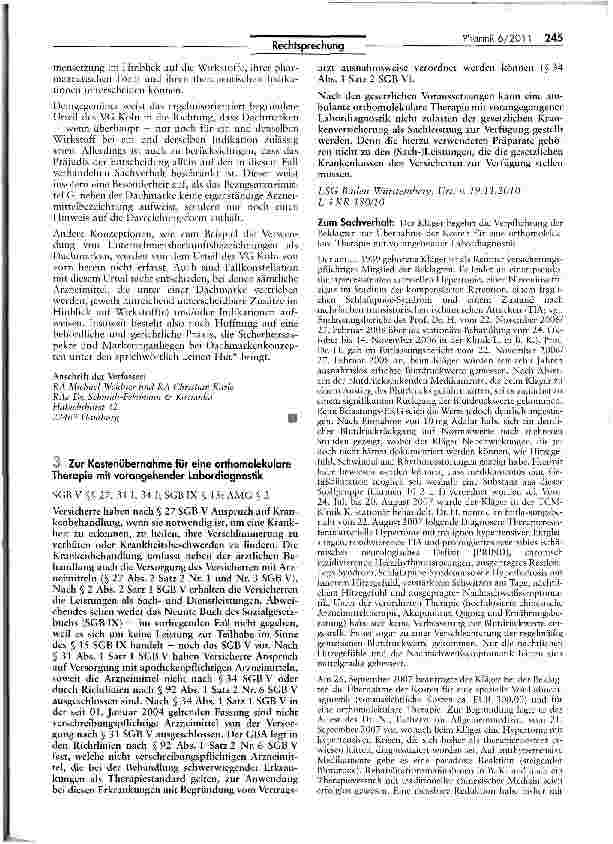 Vorschauseite 1: Zur Kostenübernahme für eine orthomolekulare Therapie mit vorangehender LabordiagnostikSGBV §§ 27, 31 I, 34 I; SGBIX § 15; AMG § 2