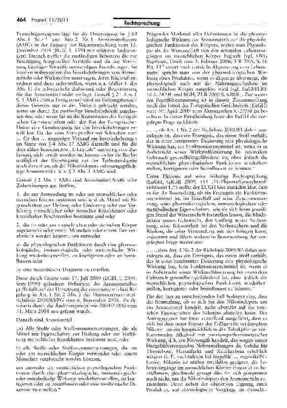 Vorschauseite 3: Abgrenzung Arzneimittel/Tabakerzeugnis (Nikotindepots „E-Liquids)AMG §§ 2 I, III, 4 XVII, 21 I 1, 69 1 1 u. 2; Richtlinie 2001/83/EG Art. 1 Nr. 2 II, 2 II