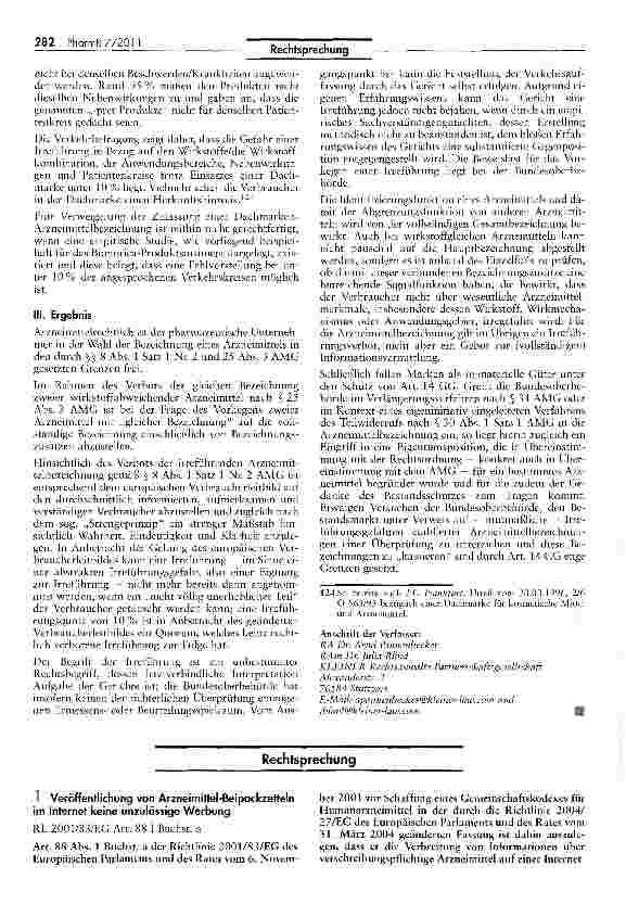 Vorschauseite 1: Veröffentlichung von Arzneimittel-Beipackzetteln im Internet keine unzulässige Werbung