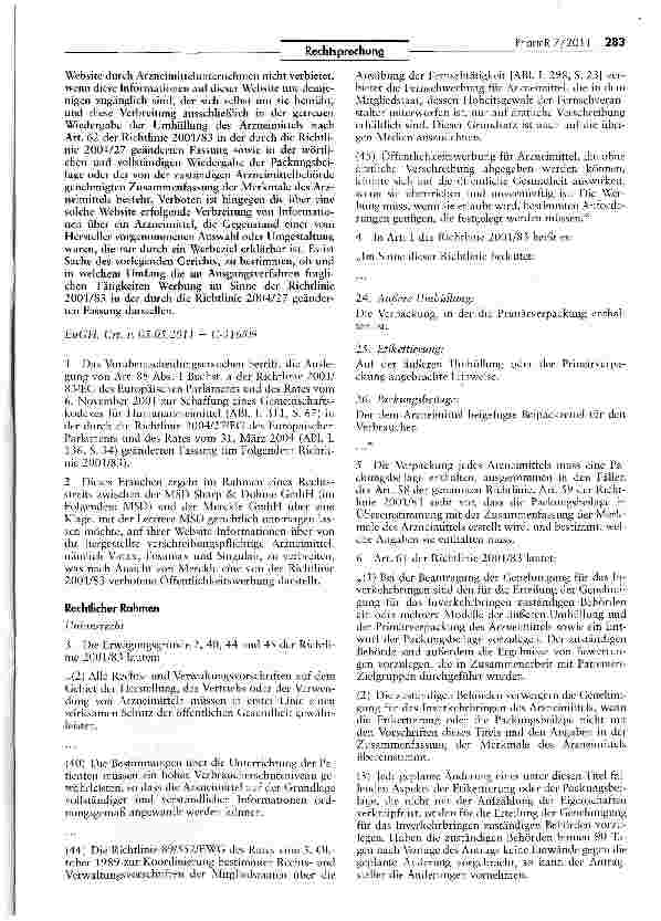 Vorschauseite 2: Veröffentlichung von Arzneimittel-Beipackzetteln im Internet keine unzulässige Werbung