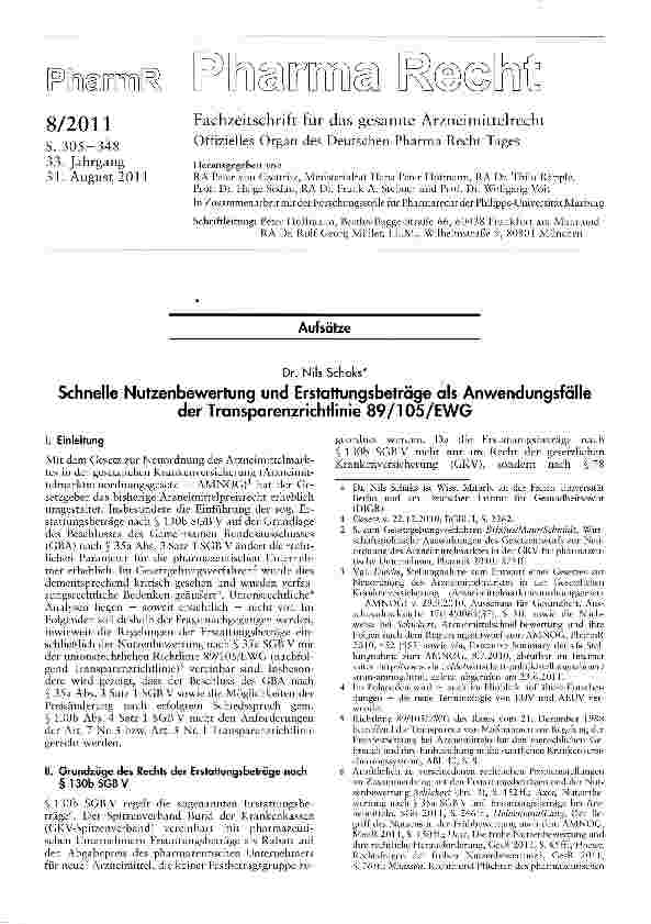 Vorschauseite 1: Schnelle Nutzenbewertung und Erstattungsbeträge als Anwendungsfälleder Transparenzrichtlinie 89/105/EWG