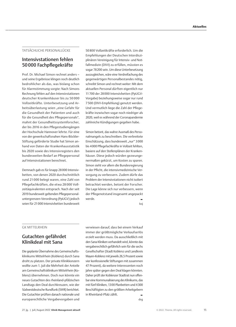 Vorschauseite 1: GK Mittelrhein: Gutachten gefährdet Klinikdeal mit Sana
