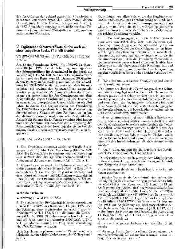 Vorschauseite 1: Ergänzende Schutzzertifikate dürfen auch mit einer „negativen Laufzeit erteilt werdenVO (F.WG) 1768/92 Art. 13; VO (EG) Nr. 1901/2006 Art. 36