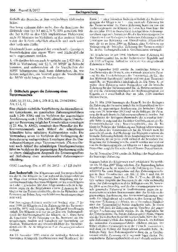Vorschauseite 1: Driftschutz gegen die Zulassung eines Tierarznei mittels AMG §§ 23 IIIc, 24b I, 25b II 2; RL 2004/28/EG Art. 13 I, 32