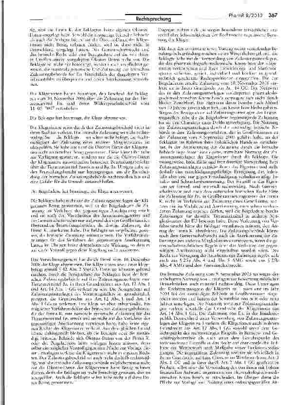 Vorschauseite 2: Driftschutz gegen die Zulassung eines Tierarznei mittels AMG §§ 23 IIIc, 24b I, 25b II 2; RL 2004/28/EG Art. 13 I, 32