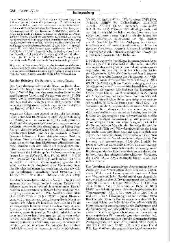 Vorschauseite 3: Driftschutz gegen die Zulassung eines Tierarznei mittels AMG §§ 23 IIIc, 24b I, 25b II 2; RL 2004/28/EG Art. 13 I, 32