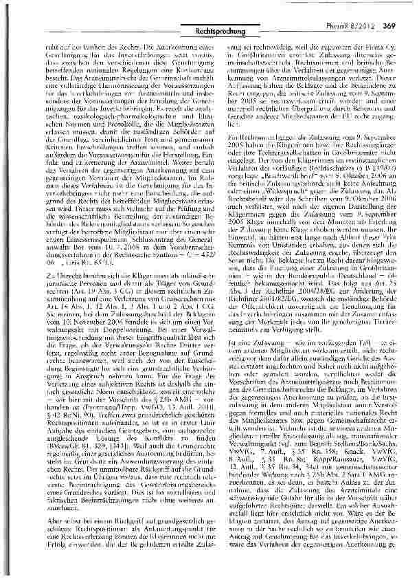 Vorschauseite 4: Driftschutz gegen die Zulassung eines Tierarznei mittels AMG §§ 23 IIIc, 24b I, 25b II 2; RL 2004/28/EG Art. 13 I, 32