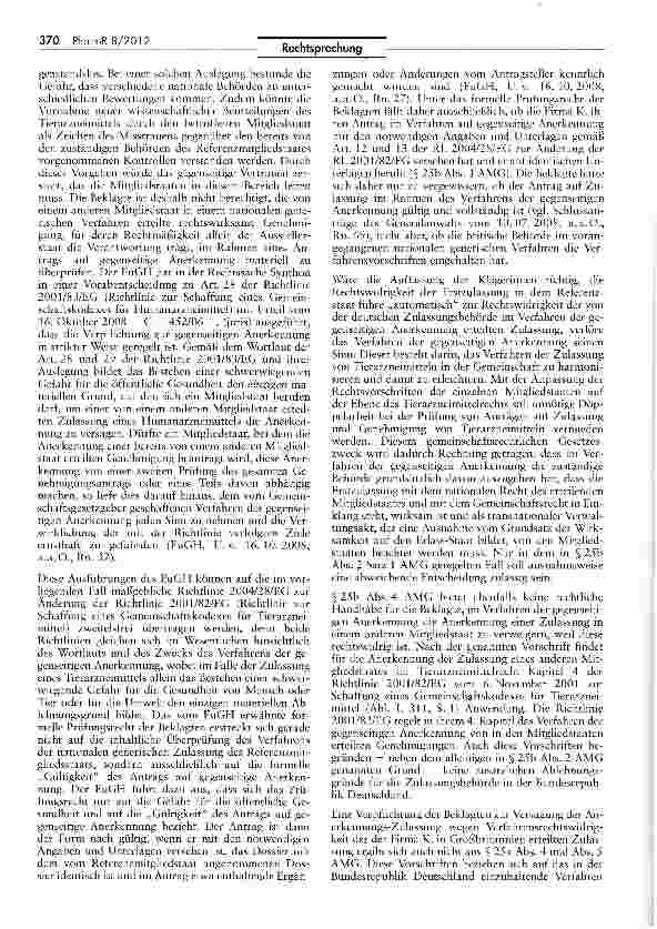 Vorschauseite 5: Driftschutz gegen die Zulassung eines Tierarznei mittels AMG §§ 23 IIIc, 24b I, 25b II 2; RL 2004/28/EG Art. 13 I, 32