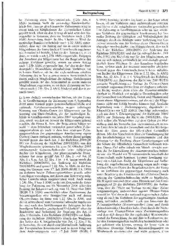 Vorschauseite 6: Driftschutz gegen die Zulassung eines Tierarznei mittels AMG §§ 23 IIIc, 24b I, 25b II 2; RL 2004/28/EG Art. 13 I, 32