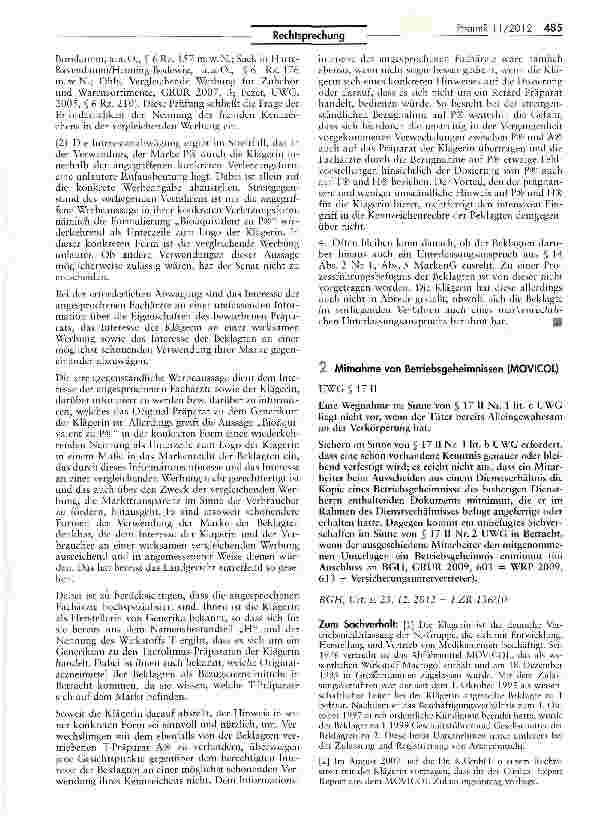 Vorschauseite 1: Mitnahme von Betriebsgeheimnissen (MOVICOL) UWG § 17 II