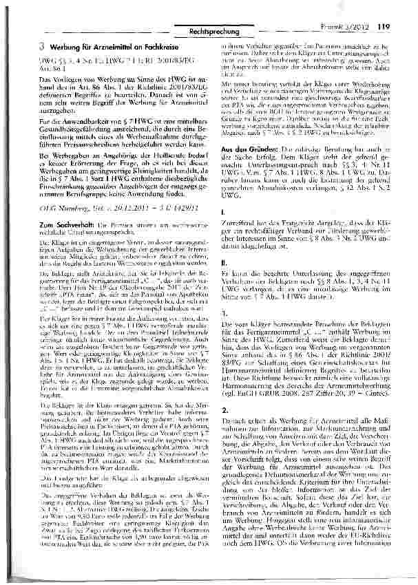 Vorschauseite 1: Werbung für Arzneimittel an Fachkreise UWG SS 3, 4 Nr. 11; HWG 7 1 1; KL 2001/83/EG Art. 86 I