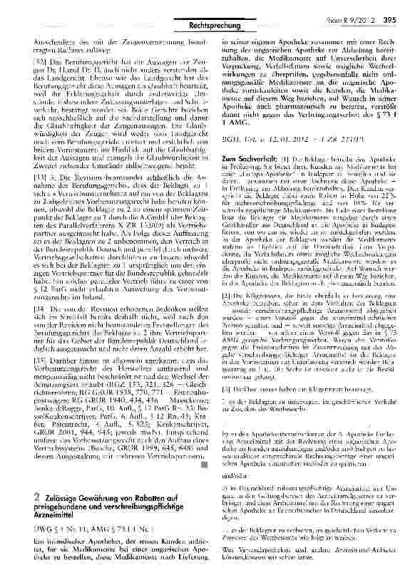 Vorschauseite 1: Zulässige Gewährung von Rabatten auf preisgebundene und verschreibungspflichtige Arzneimittel UWG § 4 Nr, 11; AMG § 73 II Nr. 1