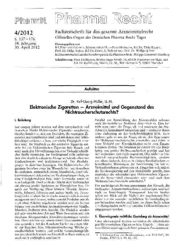 Vorschauseite 1: Elektronische Zigaretten — Arzneimittel und Gegenstand des Nichtraucherschutzrechts?