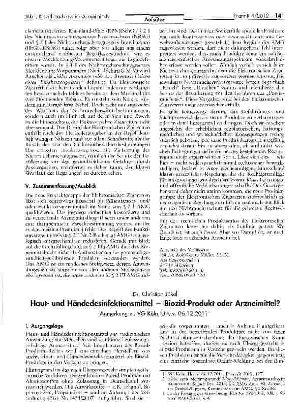 Vorschauseite 5: Elektronische Zigaretten — Arzneimittel und Gegenstand des Nichtraucherschutzrechts?