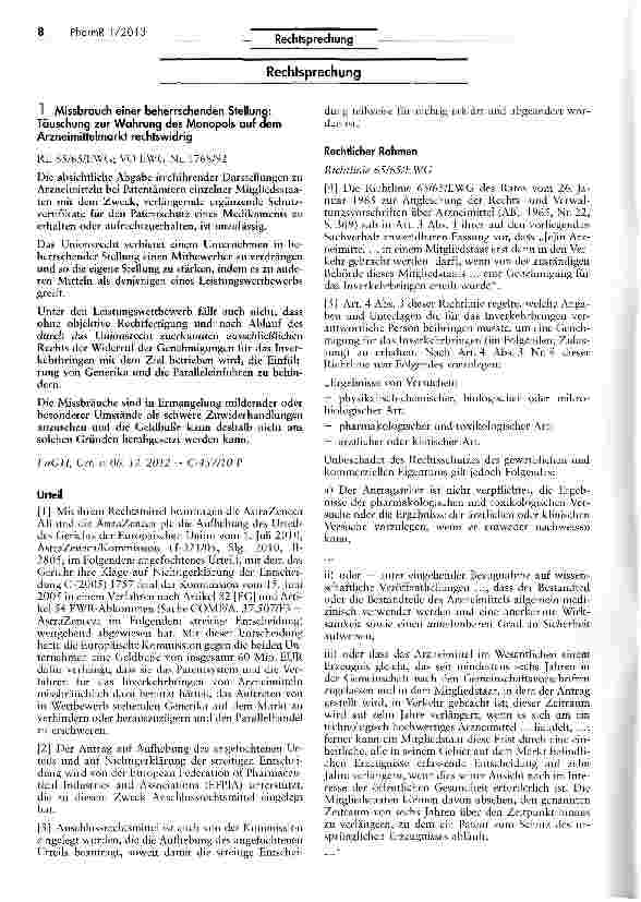 Vorschauseite 1: Missbrauch einer beherrschenden Stellung: Täuschung zur Wahrung des Monopols auf dem Arzneimittelmarkt rechtswidrig RL 65/65/EWG; VO EWG Nr. 1768/92