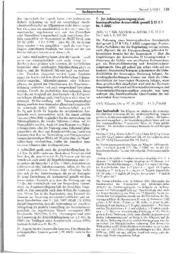 Vorschauseite 1: Zur Zulassungsversagung eines homöopathischen Arzneimittels gemäß § 25 II 1 Nr. 5 AMG