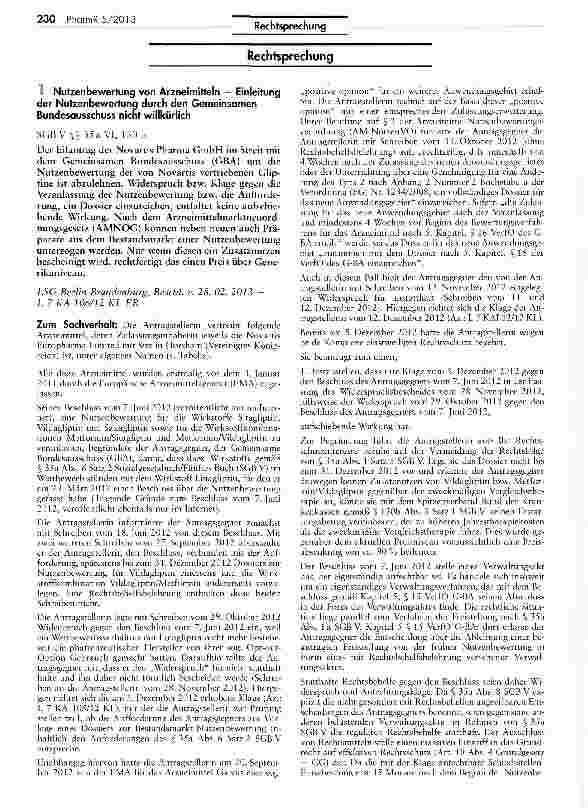 Vorschauseite 1: Nutzenbewertung von Arzneimitteln — Einleitung der Nutzenbewertung durch den Gemeinsamen Bundesausschuss nicht willkürlich