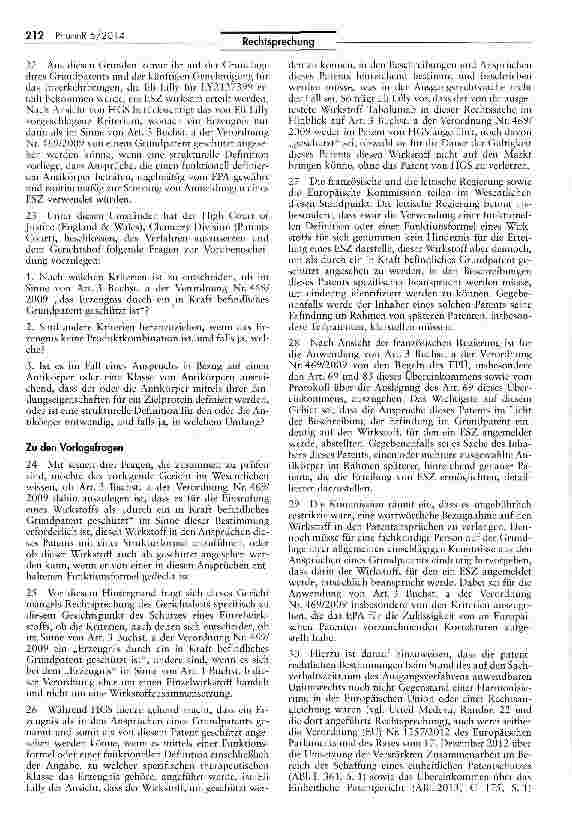 Vorschauseite 5: Ergänzendes Schutzzertifikat bei Funktionsformel im Grundpatent AEUV Art. 267; EWG VO 469/2009 Art. 3, 3 a; EPÜ Art. 69