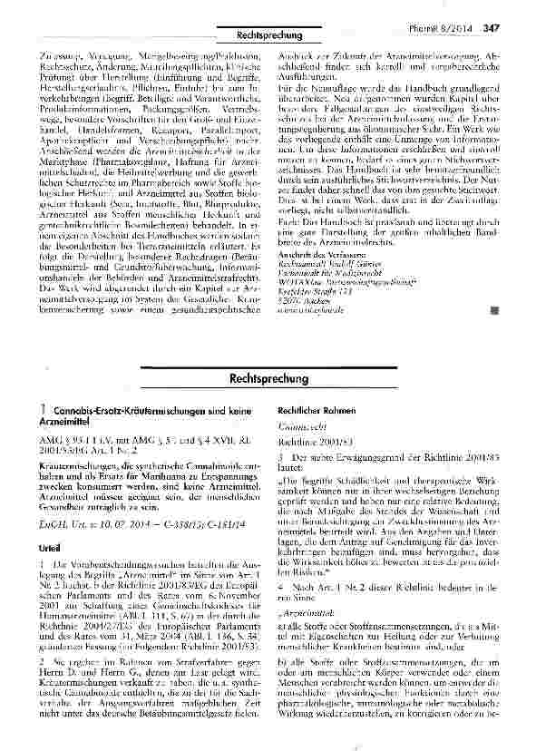 Vorschauseite 1: Cannabis-Ersatz-Kräutermischungen sind keine Arzneimittel 5 I und §4 XVII; REAMG § 95 I 1 i.V. mit AMG 2001/83/EG Art. 1 Nr. 2