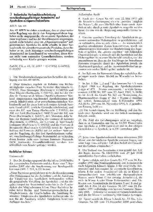 Vorschauseite 1: Italienische Verkaufsbeschränkung verschreibungspflichtiger Arzneimittel auf Apotheken europarecntskonform AEUV Art. 49