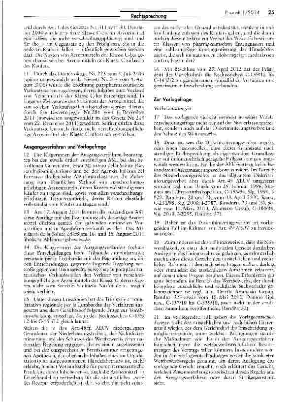Vorschauseite 2: Italienische Verkaufsbeschränkung verschreibungspflichtiger Arzneimittel auf Apotheken europarecntskonform AEUV Art. 49