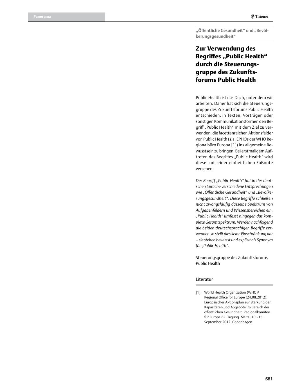 Vorschauseite 1: Zur Verwendung des Begriffes ?Public Health? durch die Steuerungsgruppe des Zukunftsforums Public Health