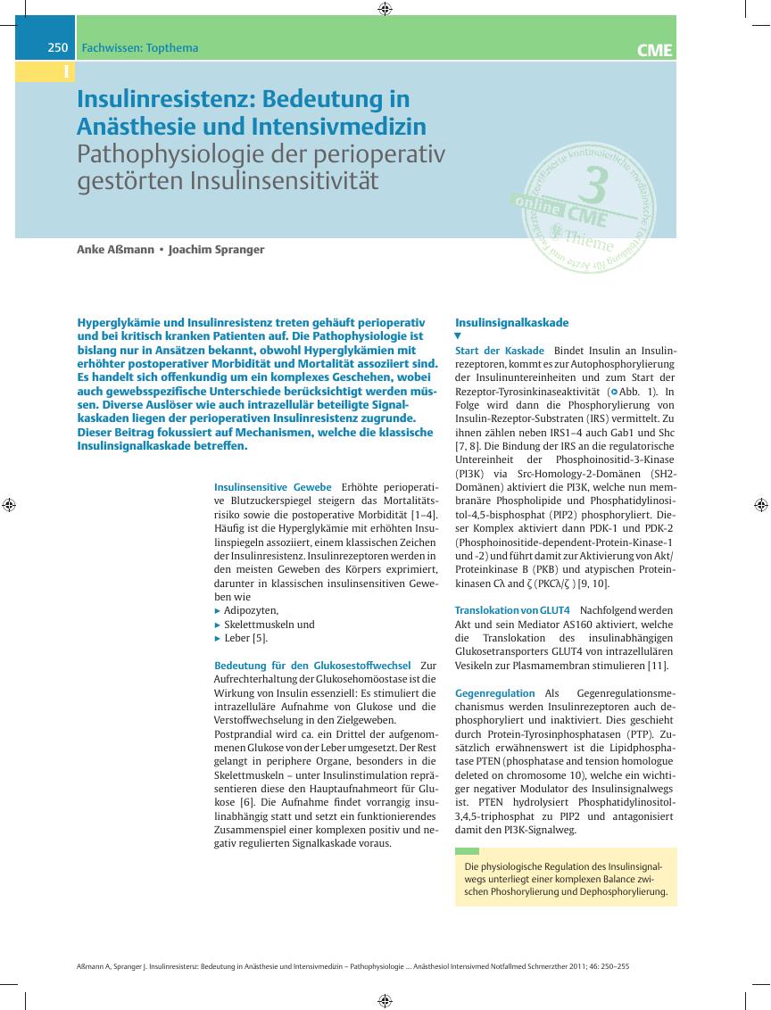 Vorschauseite 1: Insulinresistenz: Bedeutung in Anästhesie und Intensivmedizin – Pathophysiologie der perioperativ gestörten Insulinsensitivität