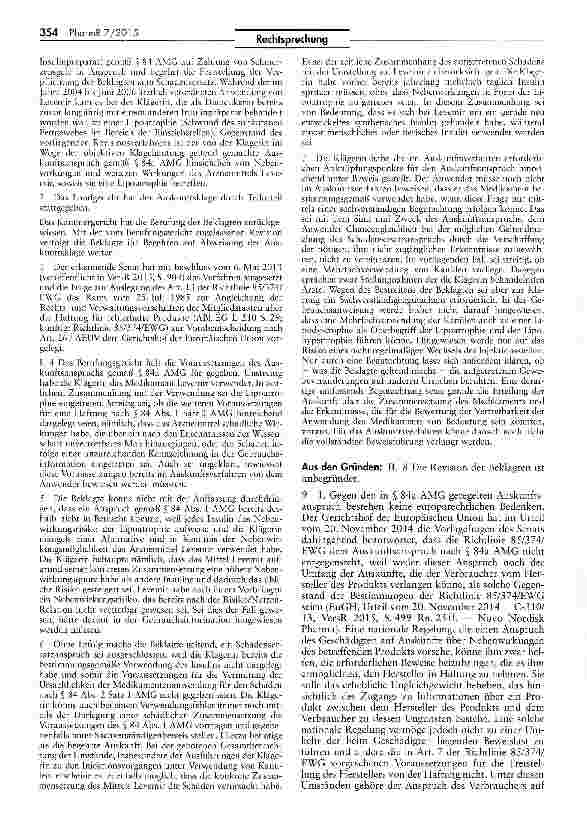 Vorschauseite 2: Zum Schadensersatzanspruch wegen Nebenwirkungen eines Arzneimittels AMG S$ 84 II 1, 84a; ProdHaftG § 15; RL 85/374/ EWG Art. 7