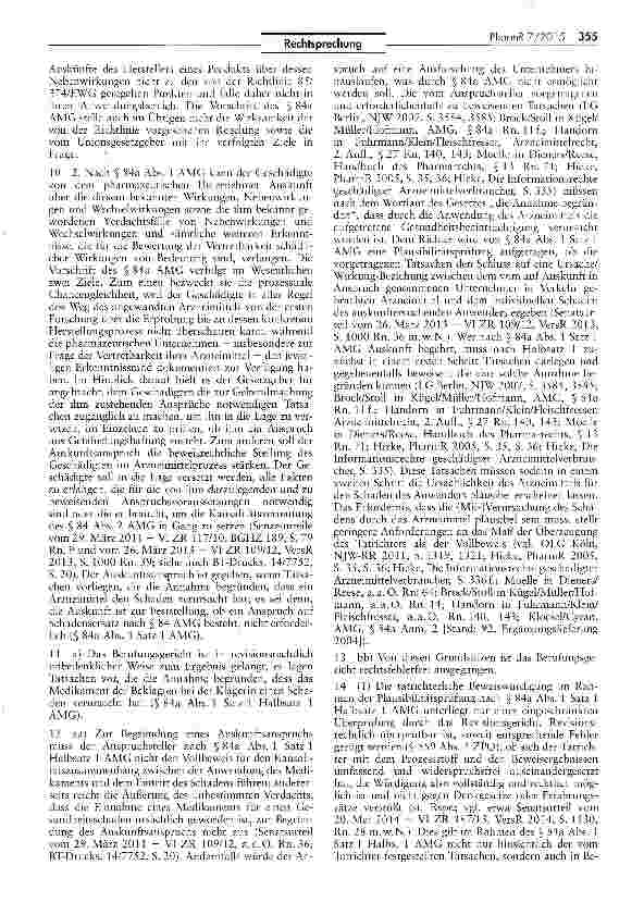 Vorschauseite 3: Zum Schadensersatzanspruch wegen Nebenwirkungen eines Arzneimittels AMG S$ 84 II 1, 84a; ProdHaftG § 15; RL 85/374/ EWG Art. 7