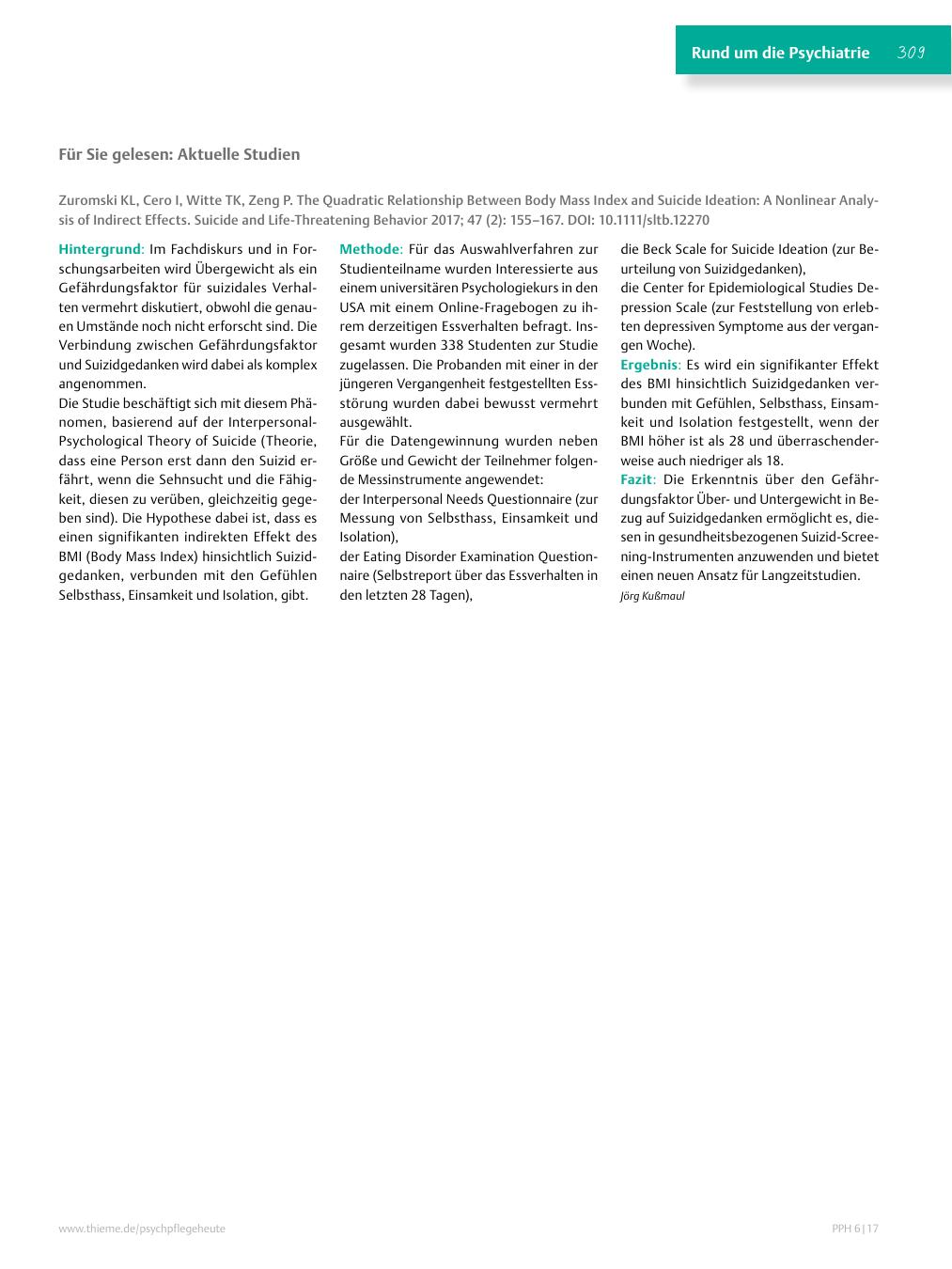 Vorschauseite 1: Für Sie gelesen: Zuromski KL, Cero I, Witte TK, Zeng P. The Quadratic Relationship Between Body Mass Index and Suicide Ideation: A Nonlinear Analysis of Indirect Effects. Suicide…