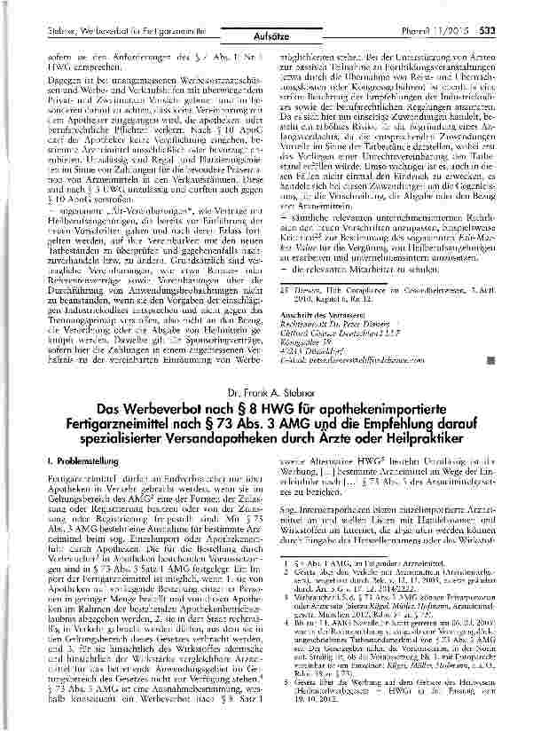 Vorschauseite 1: Das Werbeverbot nach § 8 HWG für apothekenimportierteFertigarzneimittel nach § 73 Abs» 3 AMG und die Empfehlung daraufspezialisierter Versandapotheken durch Arzte oder Heilpraktik…