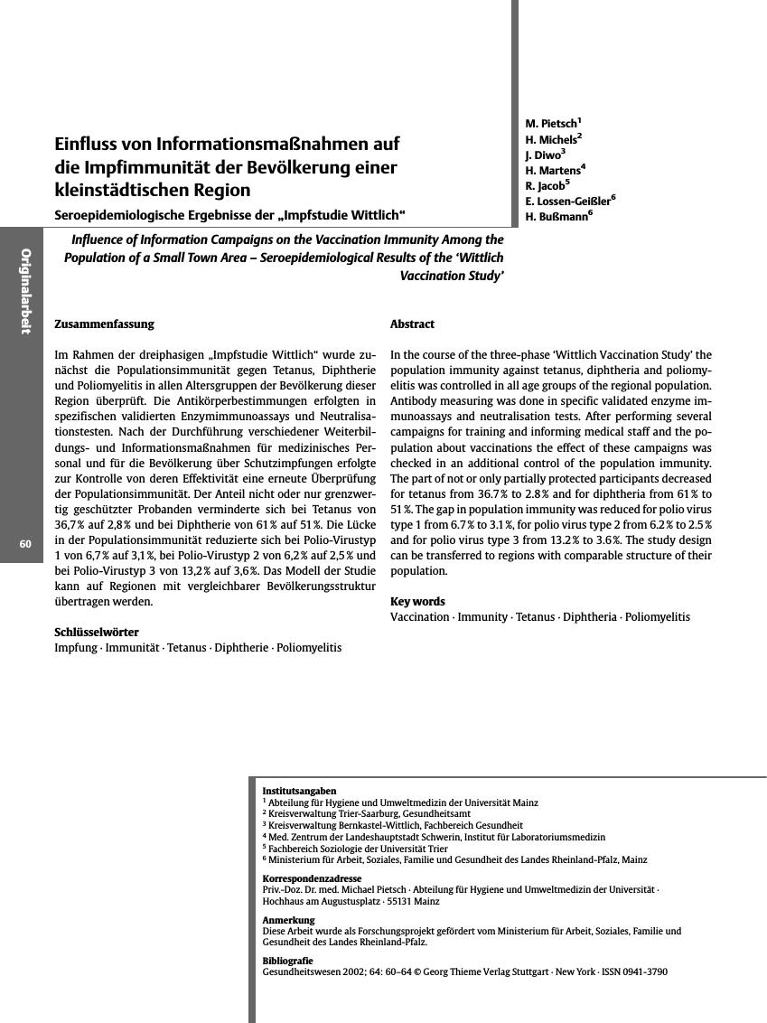 Vorschauseite 1: Einfluss von Informationsmaßnahmen auf die Impfimmunität der Bevölkerung einer kleinstädtischen Region